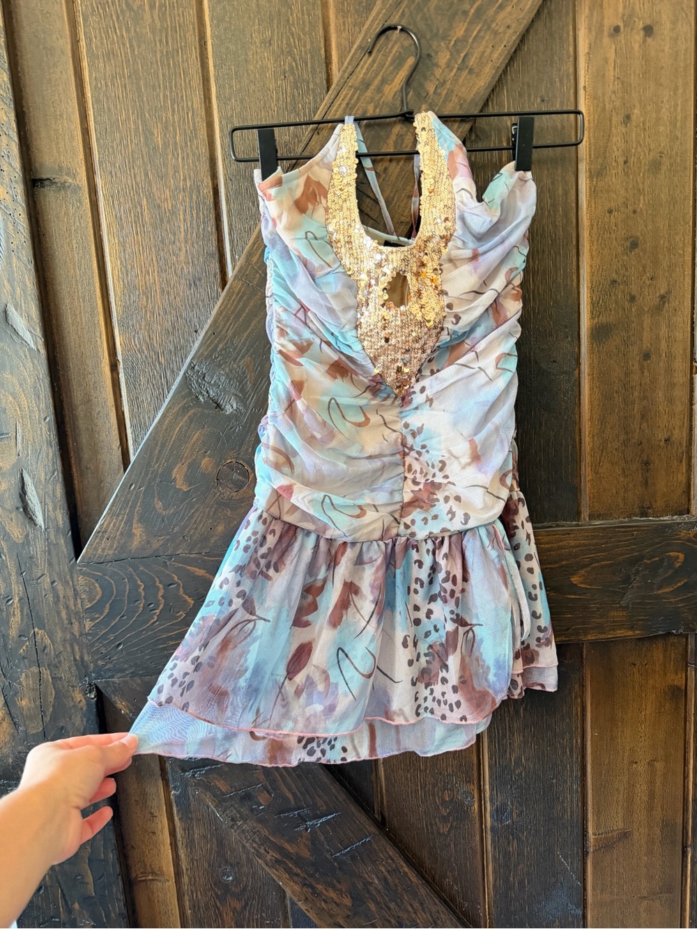 Sister Party Sequin Halter Mini Dress Ruched Mesh Pastel Print Size Small